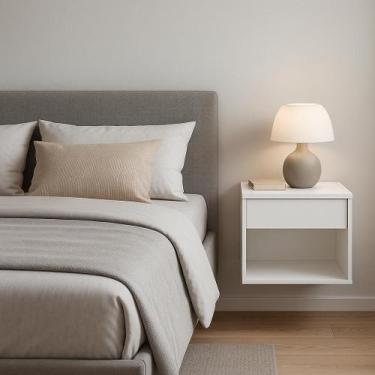 Imagem de mesa de cabeceira suspensa de parede com nicho e gaveta acabamento pre