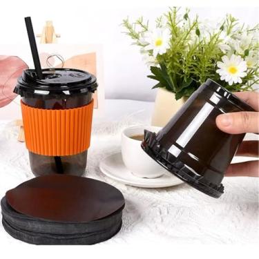 Imagem de 500 peças de forros de tampa pretos à prova de vazamento, almofadas de papel de vedação redondas, papel à prova d'água à prova de derramamento para copo de bebida de plástico, copo de bebida de leite