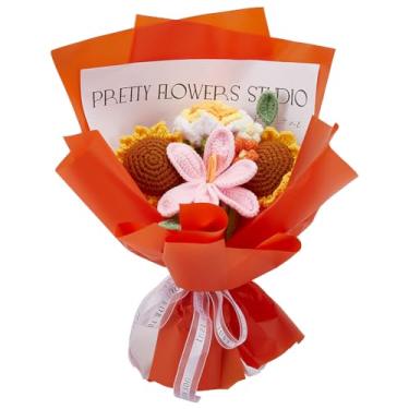 Imagem de INFUNLY Conjunto de 7 peças de girassóis, buquês de flores de crochê, conjunto completo de buquês de flores laranja feito à mão, buquês de malha artificial para aniversário, formatura, aniversário