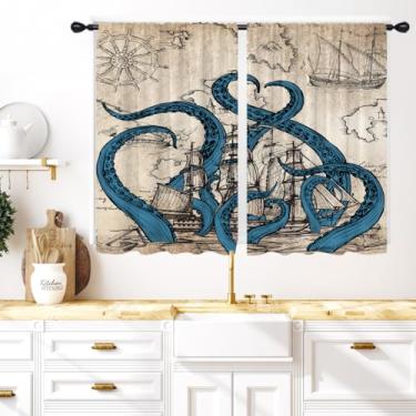 Imagem de Coxila Cortinas de janela de cozinha polvo, 60 x 99 cm, pequeno, curto, mini varão, bolso, náutico, litoral, oceano, Kraken, pirata, sala de estar, quarto, casa, tratamento, conjunto de 2 painéis de