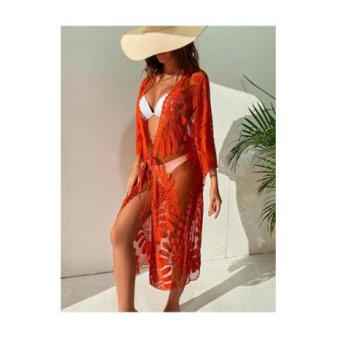 Imagem de Kimono, maiô, passeio de praia, verão, renda de nylon, bege/preto - Li