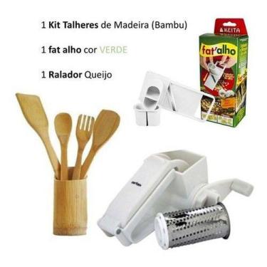 Imagem de 1 Fatiador Alho +1 Ralador Queijo +1 Kit Talheres Madeira - NoBrand