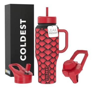 Imagem de Copo Coldest com alça e canudo - Copo 100% à prova de derramamento com canudo (3 tampas) - Copos isolados de aço inoxidável à prova de vazamento para mulheres e homens - 1,020 g (dragão vermelho)