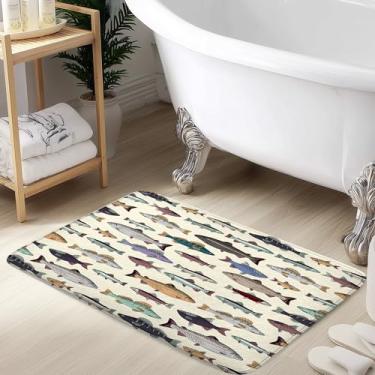 Imagem de Emwnodti Tapete de banho de peixe, azul, vintage, peixes, desenho, salmão, truta, pesca, banheiro, tapete, absorvente, secagem rápida, macio, tapete de banho de flanela para banheiro, cozinha, 43 x 73