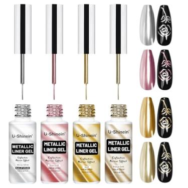 Imagem de U-Shinein Conjunto de esmalte de gel de pintura espelhada metálica de 4 x 12 ml, esmalte de gel pintado com efeito cromado espelhado, striper de desenho de metal, gel embutido em pincel fino de