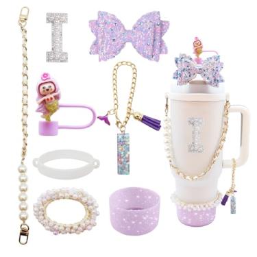 Imagem de Conjunto de acessórios de copo Stanley de 8 peças para copo de 1,134 g e 850 g com alça, incluindo topo de palha, bota, alça de alça de garrafa de água, decoração de arco de palha, pulseiras, pingente