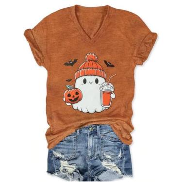 Imagem de Camiseta XMNDS Halloween Ghost Pumpkin com decote em V marrom L