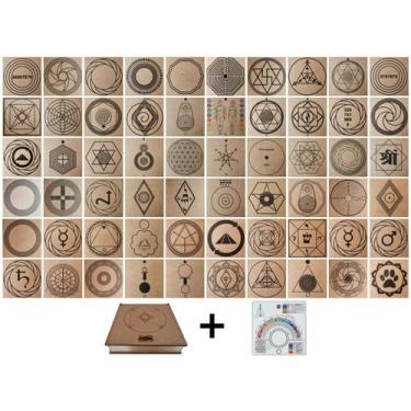 Imagem de Kit Caixa + 60 Gráficos Radiestesia MDF Cru 20x20cm 3mm + Relógio Pran