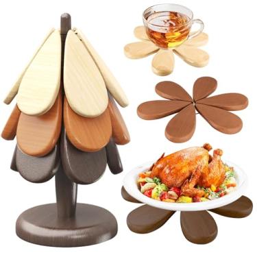 Imagem de Surmol Trivets para Pratos Quentes, 3 Almofadas Quentes Coloridas para Cozinha, Decoração de Porta-Copos de Natal Que Economizam Espaço, Suporte de Árvore de Madeira de Natal para (,)