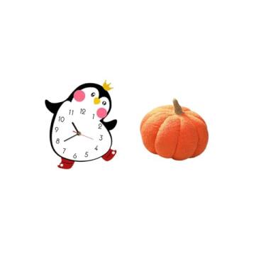 Imagem de Fenteer Relógio de Parede de Madeira com Desenho de Pinguim E Abóbora, Almofada de Pelúcia Decorativa, Adorável, Alimentada Por Bateria, para Sofá, para Quart