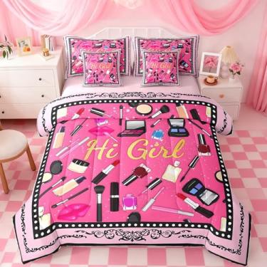 Imagem de Jogo de cama queen com maquiagem, 7 peças, cosméticos, batom, edredom com edredom, plano, lençol com elástico, fronhas, fronhas, lençol de microfibra com estampa de renda com glitter