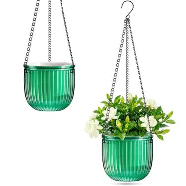 Imagem de Halatool Pacote com 2 vasos de flores auto-irrigáveis para plantas de interior - vasos de flores pendurados ao ar livre de 16,5 cm com 2 chians de metal para decoração de parede de jardim e casa