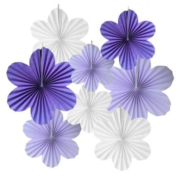 Imagem de Decorações de festa roxas lavanda, roxo, branco, ventiladores florais pendurados para chá de bebê, casamentos, chá de panela, suprimentos de festa de aniversário para bebês meninas, 8 pacotes