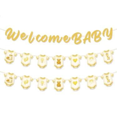 Imagem de Decoração Chá de Bebê, Pré-Pendurada Glitter Dourado Welcome Baby & Faixa Bodysuit Neutra Decoração Festa Revelação Gênero para Painel Fotográfico Quarto do Bebê Parede Janela