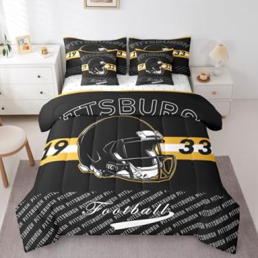 Imagem de Feelyou Jogo de edredom de futebol americano com 7 peças, tamanho casal, Pittsburgh, para crianças, meninos, meninas, futebol americano, cidade, decoração de quarto de jogos, microfibra macia e leve