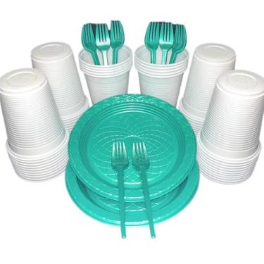 Imagem de Kit 300 Itens Festa Aniversário Descartáveis Plástico Colorido Perolado 100 Pessoas Completo Pratinho Garfinhos Copos (Branco Verde Perolado)