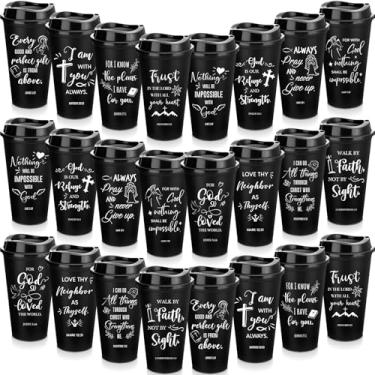 Imagem de Tioncy Presentes Cristãos Reutilizáveis para Mulheres Homens Versículo Bíblico Copos de Plástico com Tampas 473 ml Copos de Café Religiosos Inspiradores Presentes Cristãos para Igreja (Preto, 72 Peças
