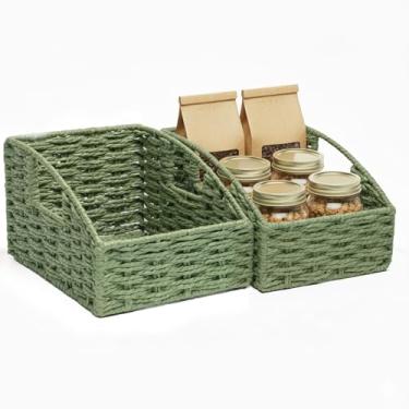 Imagem de MASHDE Pacote com 2 cestas de armazenamento, cestas de despensa de corda de papel redondas tecidas à mão para organizar com alças, cestas de suporte de moldura de ferro para prateleiras, cesta de vime