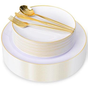 Imagem de Conjunto de pratos de plástico I00000 branco e dourado para 30 convida