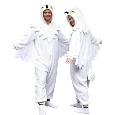 Imagem de LZBXBXDA Macacão unissex adulto coruja da neve pijama de uma peça animal fantasia de Natal roupa de dormir para mulheres e homens, Novo macacão de coruja branca, Large
