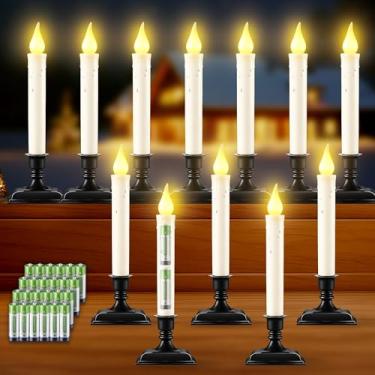 Imagem de Enhon Pacote com 12 velas de LED operadas por bateria, sensor de luz do crepúsculo ao amanhecer, com suportes pretos e ventosas, velas de janela de Natal marfim, chama cintilante âmbar (pilhas AA