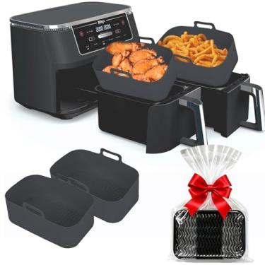 Imagem de Forros de silicone para fritadeira Ninja – Tigela reutilizável de 8 litros para Foodi DZ201 Airfryer de cesta dupla – Pacote com 2 bandejas retangulares de silicone seguras para alimentos 2025, preta