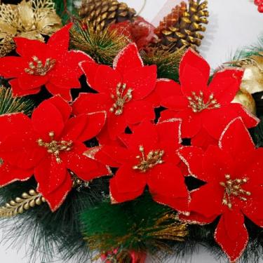 Imagem de 10 peças de flores artificiais de Natal com glitter poinsétia, flores falsas, guirlanda de árvore de Natal, enfeite faça você mesmo, decoração de casa para festa festiva vermelha