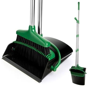 Imagem de XXFLOWER Conjunto de vassoura e pá de lixo, conjunto de pá de lixo leve de cabo longo com vassoura para varredura de casa, cozinha, escritório, preto e verde