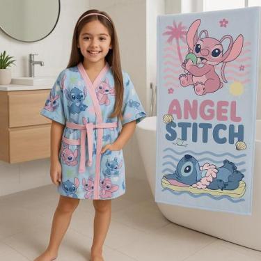 Imagem de Roupão Aveludado Stitch Tamanho Único + Toalha Aveludada Stitch E Ange