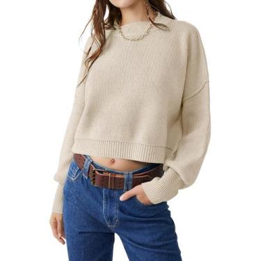 Imagem de Suéter feminino TUREAU, pulôver recortado, de malha grossa, com estamp