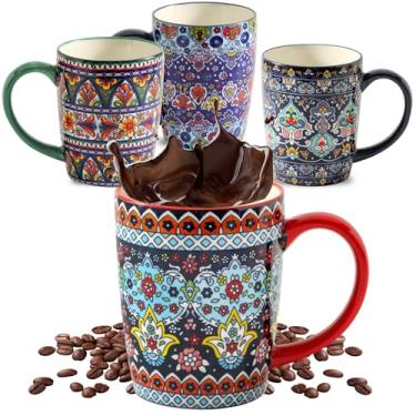 Imagem de HASENSE Conjunto de 4 canecas de café, xícaras de café de 445 ml, com alça e estilo boêmio para homens e mulheres, conjunto de xícaras de café de porcelana vintage para chá, cacau, leite, latte e