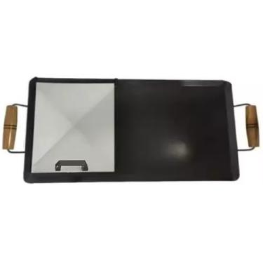 Imagem de Chapa para Hambúrguer Profissional, Aço Carbono, 30x60cm, com Abafador e Alças em Madeira, para Lanches e Churrasqueira