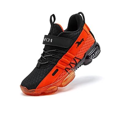 Imagem de VITUOFLY Tênis de corrida infantil para meninos e meninas de malha para treinamento interno leve para esportes ao ar livre tênis esportivo para crianças pequenas/grandes, 8100-preto laranja, 20