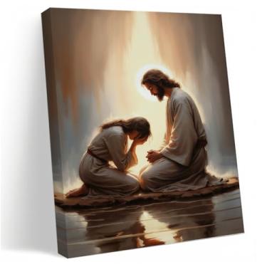 Imagem de Arte de parede cristã de dor curada, arte de parede em tela Jesus com mulher, pintura em tela de arrependimento cristão e perdão, decoração de parede bíblica de coração sagrado para sala de estar