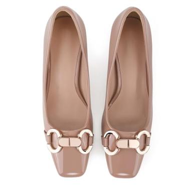 Imagem de Zelaprox Sapato feminino com bico quadrado fechado, salto baixo gatinho, moderno, de metal, sem fecho, para festa de casamento, confortável, sapato social, Nude., 39
