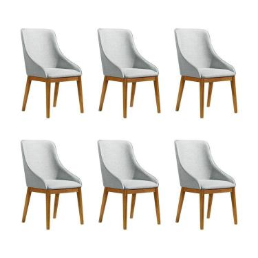 Imagem de Kit 6 Cadeiras De Jantar Elisa Nobre Estofada Liso Linho Cinza Base Madeira Maciça Mel