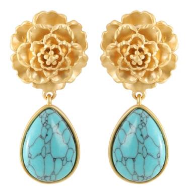 Imagem de Kokoma Brincos femininos vintage com flor turquesa, pingente de gota, floral, boêmio, joia moderna