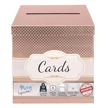 Imagem de Merry Expressions Caixa de cartão de ouro rosa de 25 cm, porta-cartões de festa, caixa de presente de dinheiro para recepção de casamento, lua de mel, formatura, aniversário, 16 anos, decoração de