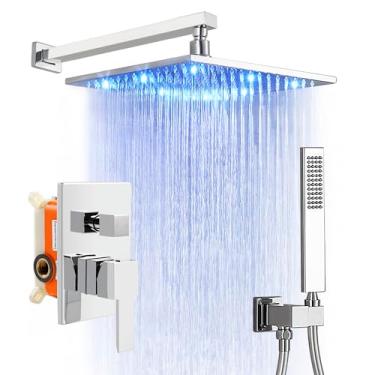 Imagem de SKOWLL Conjunto De Torneiras De Chuveiro Cromadas Polidas Chuveiro Com Efeito De Chuva Torneira De Chuveiro Led Sistema De Chuveiro Suspenso Conjunto De Chuveiro E Alça Montagem Na Parede Chuveiro D