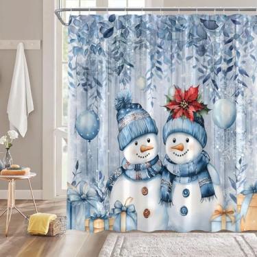 Imagem de Cortina de chuveiro boneco de neve azul Natal bonito boneco de neve aquarela folhas vintage porta celeiro desenho animado férias de inverno 177.8 cm L L x 170 A cortina decoração de banheiro com