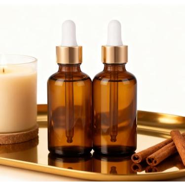 Imagem de Frasco conta-gotas de vidro espesso vazio âmbar de 30 ml - com tampas, etiquetas e funis dourados à prova de vazamento - para armazenamento, viagem, óleos essenciais, tinturas