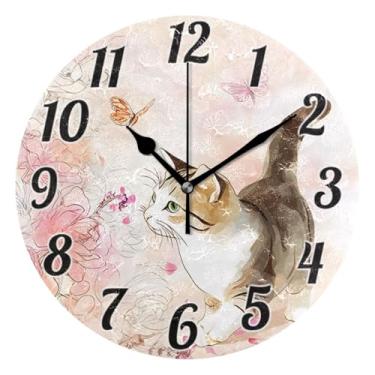 Imagem de ALAZA Lindo gato borboleta flwoer relógio de parede operado por bateria silencioso 24 cm relógios de parede sem tique-taque para quarto sala de estar decorativo