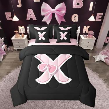 Imagem de jejeloiu Jogo de cama kawaii com laço rosa e lençol de solteiro, presente para mulheres, adolescentes, monograma, 7 peças, macio, personalizado, letra X, cama em uma bolsa com edredom, lençóis