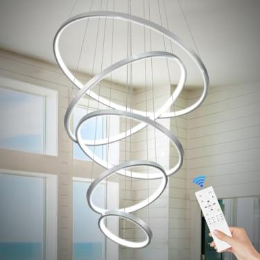 Imagem de Sparklelf Lustre Moderno De Led Com 5 Anéis, Regulável, Prateado, Para Teto Alto, Para Hall De Entrada, Iluminação Pendente Grande Contemporânea De Led Com Controle Remoto Circular Para Sala De Esta