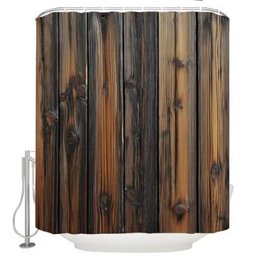 Imagem de JOFKAXU Cortina de chuveiro rústica de madeira vintage placa de madeira country marrom ocidental porta de celeiro cortina de banheiro de fazenda com ganchos, 187 x 177 cm