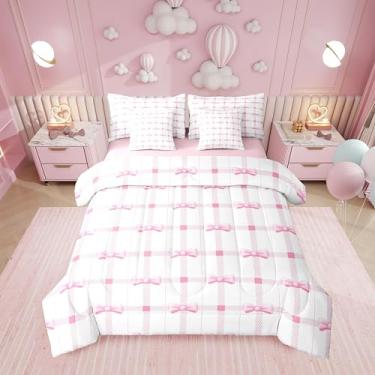Imagem de Erosebridal Conjunto de cama solteiro com laço xadrez rosa, 7 peças, laço fofo, princesa, sonhador, com lençóis, quadriculado, branco doce em uma bolsa, conjunto de cama para adolescentes e mulheres