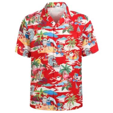 Imagem de Regenboog Camisa masculina patriótica de 4 de julho, estampa da bandeira dos EUA, camisa de botão de manga curta, camiseta masculina havaiana neon divertida de praia, Vermelho de Natal, GG