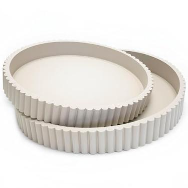 Imagem de Bandejas decorativas redondas de mesa moderna, 2 peças, decoração de casa, conjunto de centro de mesa de centro circular, 30,5 cm/25,4 cm - Bandeja de concreto cinza quente com borda canelada