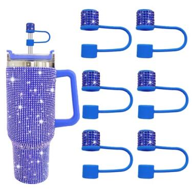 Imagem de JIASHEBDE Conjunto de acessórios para Stanley Cup, 6 peças, capa de canudo de diamante brilhante, tampa de canudos para Stanley 30 e 1,134 g com copos, acessórios de tampa de 1 cm para copo (azul