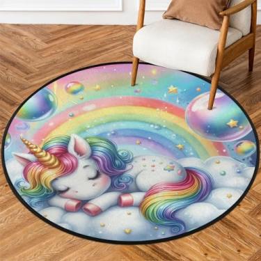 Imagem de Tapete redondo de 1,5 m adorável unicórnio arco-íris macio tapete de porta circular antiderrapante lavável para quarto interno, berçário, sala de estar, cozinha, banheiro, entrada, decoração de casa